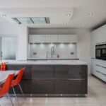 Mood lighting has been effortlessly achieved by using LED handle trim lighting with matching micro dot plinth lights and under cupboard targa lights.